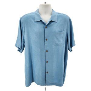 Tommy Bahama Silk Rayon Tropical Floral Blue Button Hawaiian Shirt Mens Large